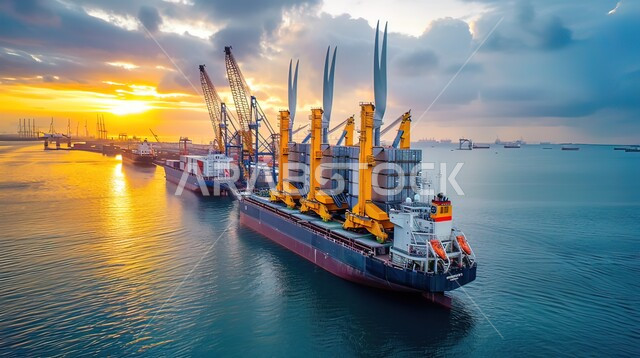 A commercial vessel sailing to reach a station for loading, unloading and shipping containers and commercial goods, a port for transporting goods in the Kingdom of Saudi Arabia, a commercial port for delivering goods and local products via ships at sea, industry, trade and maritime economy