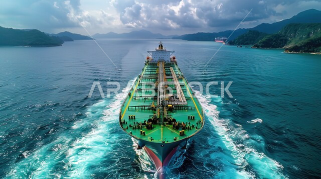 A commercial vessel sailing to reach a station for loading, unloading and shipping containers and commercial goods, a port for transporting goods in the Kingdom of Saudi Arabia, a commercial port for delivering goods and local products via ships at sea, industry, trade and maritime economy
