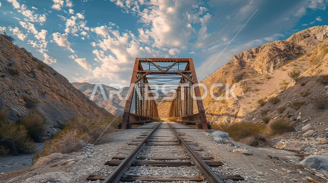  الطبيعة الجبلية والأودية بين المرتفعات الصخرية، جسر حديدي قديم متصدأ يوصل بين تلتين، المناطق النائبة والمهجورة في المملكة العربية السعودية