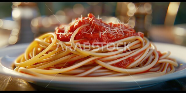 مطاعم المأكولات السريعة، طبق من معكرونة السباغيتي مع الخضراوات مزين بالأعشاب الخضراء و الطماطم , أطباق ووجبات آسيوية شرقية، وجبة من الباستا الشهية، وعاء نودلز مع أصناف الخضار الطازجة