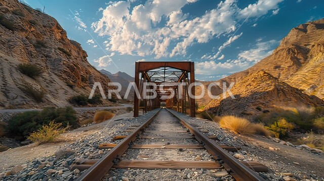  الطبيعة الجبلية والأودية بين المرتفعات الصخرية، جسر حديدي قديم متصدأ يوصل بين تلتين، المناطق النائبة والمهجورة في المملكة العربية السعودية