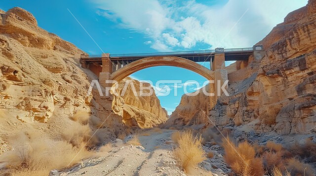 An old rusty iron bridge connecting two hills, deserted and abandoned areas in the Kingdom of Saudi Arabia, mountainous nature and valleys between rocky heights