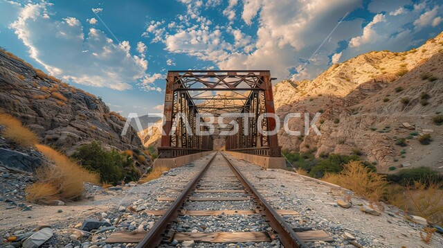  جسر حديدي قديم متصدأ يوصل بين تلتين، المناطق النائبة والمهجورة في المملكة العربية السعودية، الطبيعة الجبلية والأودية بين المرتفعات الصخرية