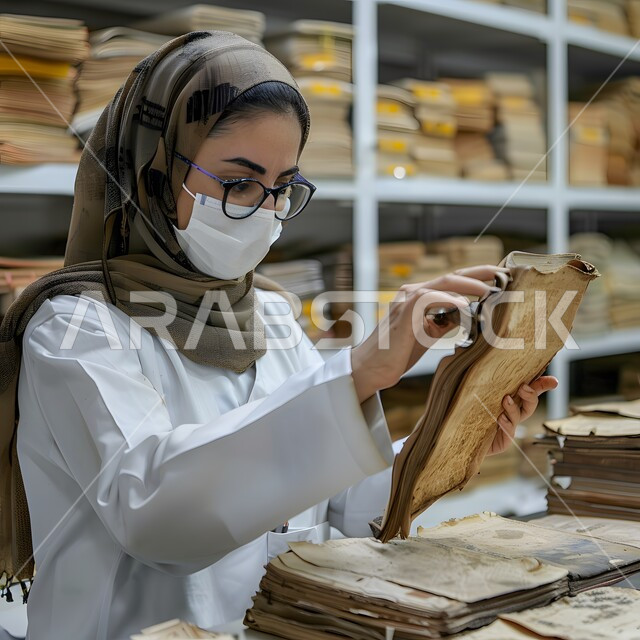 تفحص الاوراق الاثرية والكتب العتيقة في المكتبة، صورة مقربة لفتاة عربية خليجية سعودية محجبة ترتدي النظارات الطبية تحمل بيدها ورقة مهترئة، ارتداء الكمامة للوقاية من الغبار 