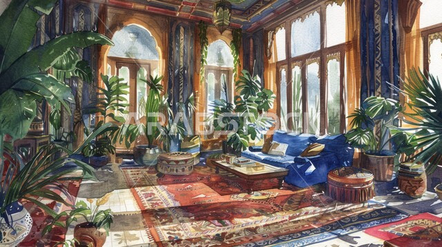 غرفة جلوس عصرية مع أريكة زرقاء، غرف معيشه بتصاميم وديكورات داخلية حديثه فاخرة، تحف واكسسوارات وأثاث منزلي راقي، الاهتمام بنبات الزينة المنزلي