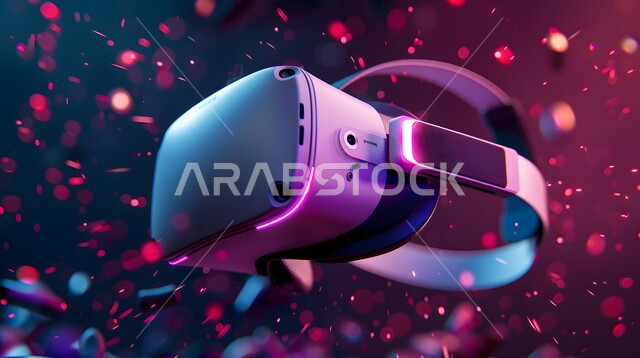 خلفية ايقونات واضاءات بتقنية الهولوجرام ثلاثية الابعاد، نظارة الواقع الافتراضي الحديثة، نظارات الفي ىر ثري دي، التطور التكنولوجي والتقني في المملكة العربية السعودية، محاكاة العالم الخيالي