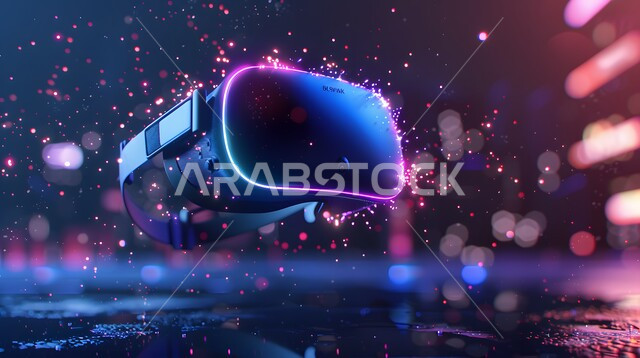 خلفية ايقونات واضاءات بتقنية الهولوجرام ثلاثية الابعاد، نظارة الواقع الافتراضي الحديثة، نظارات الفي ىر ثري دي، التطور التكنولوجي والتقني في المملكة العربية السعودية، محاكاة العالم الخيالي