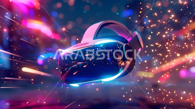 خلفية ايقونات واضاءات بتقنية الهولوجرام ثلاثية الابعاد، نظارة الواقع الافتراضي الحديثة، نظارات الفي ىر ثري دي، التطور التكنولوجي والتقني في المملكة العربية السعودية، محاكاة العالم الخيالي