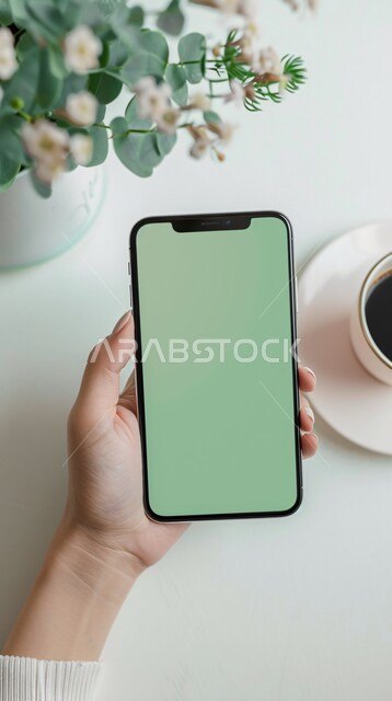 مشاهدة البرامج المفضلة, عرض شاشة خضراء فارغة على الأجهزة التقنية، استخدام التكنولوجيا الحديثة في انجاز المهام عن بعد، كوب من القهوة الساخنة ونباتات الزينة الطبيعية، صورة مقربة ليد امرأة عربية خليجية سعودية تحمل الهاتف المحمول، كروما