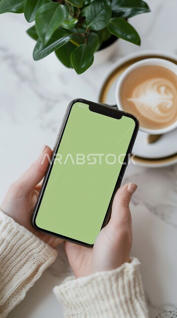 عرض شاشة خضراء فارغة على الأجهزة التقنية، استخدام التكنولوجيا الحديثة في انجاز المهام عن بعد، كوب من القهوة الساخنة ونباتات الزينة الطبيعية، مشاهدة البرامج المفضلة, صورة مقربة ليد امرأة عربية خليجية سعودية تحمل الهاتف المحمول، كروما