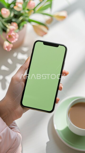 Using modern technology to complete tasks remotely, a cup of hot coffee and natural ornamental plants, watching favorite programs, displaying a blank green screen on technical devices, a close-up of the hand of a Saudi Gulf Arab woman holding a mobile phone, chroma