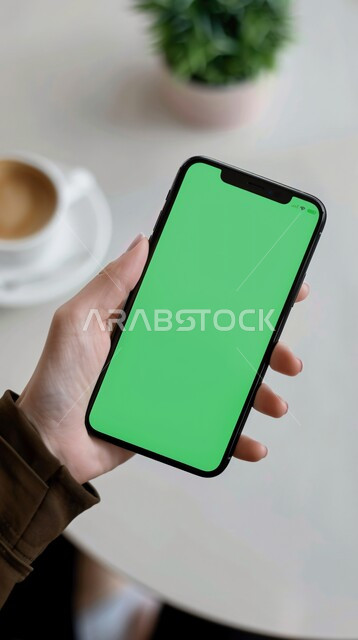 استعمال التكنولوجيا الحديثة في انجاز المهام عن بعد، كوب من القهوة الساخنة ونباتات الزينة الطبيعية، مشاهدة البرامج المفضلة, عرض شاشة خضراء فارغة على الأجهزة التقنية، صورة مقربة ليد امرأة عربية خليجية سعودية تحمل الهاتف المحمول، كروما