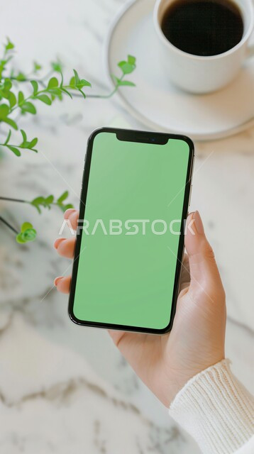 مشاهدة البرامج المفضلة, نباتات الزينة الطبيعية وفنجان من القهوة الساخنة، استعمال التكنولوجيا الحديثة في انجاز المهام عن بعد، عرض شاشة خضراء فارغة على الأجهزة التقنية، صورة مقربة ليد امرأة عربية خليجية سعودية تحمل الهاتف المحمول، كروما