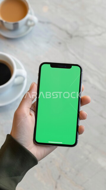 نباتات الزينة الطبيعية وفنجان من القهوة الساخنة، متابعة البرامج المفضلة, استعمال التكنولوجيا الحديثة في انجاز المهام عن بعد، عرض شاشة خضراء فارغة على الأجهزة التقنية، صورة مقربة ليد امرأة عربية خليجية سعودية تحمل الهاتف المحمول، كروما