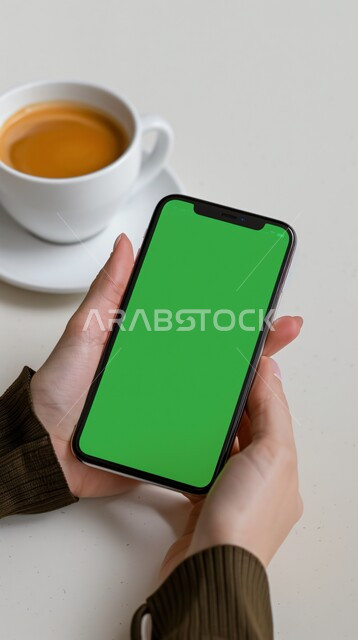 فنجان من القهوة الساخنة ونباتات الزينة الطبيعية، متابعة البرامج المفضلة, استعمال التكنولوجيا الحديثة في انجاز المهام عن بعد، عرض شاشة خضراء فارغة على الأجهزة التقنية، صورة مقربة ليد امرأة عربية خليجية سعودية تحمل الهاتف المحمول، كروما