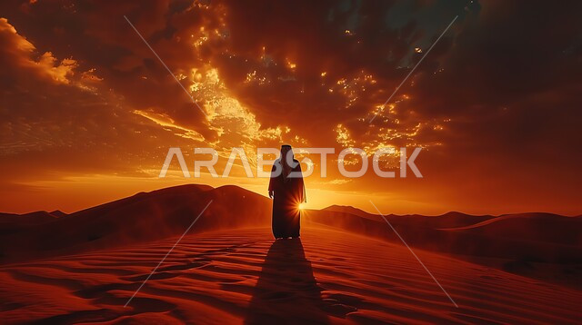 منظر غروب الشمس في سماء ملبدة بالغيوم، وكثبان رملية وتلال في الصحراء، وأنشطة ترفيهية ورحلات على نقود ذهبية ناعمة، والاستمتاع بالمناظر الطبيعية في الصحاري، وصورة ظلية من خلف رجل خليجي سعودي في المناطق الصحراوية، صورة ظلية