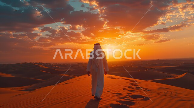 منظر غروب الشمس في سماء ملبدة بالغيوم، وكثبان رملية وتلال في الصحراء، وأنشطة ترفيهية ورحلات على نقود ذهبية ناعمة، والاستمتاع بالمناظر الطبيعية في الصحاري، وصورة ظلية من خلف رجل خليجي سعودي في المناطق الصحراوية، صورة ظلية