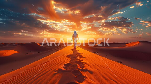 A sunset view in a cloudy sky, sand dunes and hills in the desert, recreational activities and trips on soft gold money, enjoying the landscape in the deserts, and a silhouette from behind a Saudi Gulf man in the desert areas, silhouette.