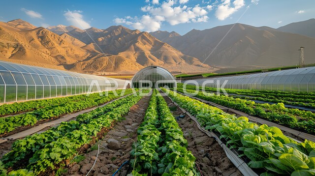 العمل على زيادة الإنتاج النباتي، نظام الري الحديث، القمم والمرتفعات الجبلية، تعزيز وتطوير الأمن الغذائي في مدينة الرياض في المملكة العربية السعودية، بيت زجاجي في المزرعة العضوية بالقرب من الدرعية التاريخية، خلفية طبيعية