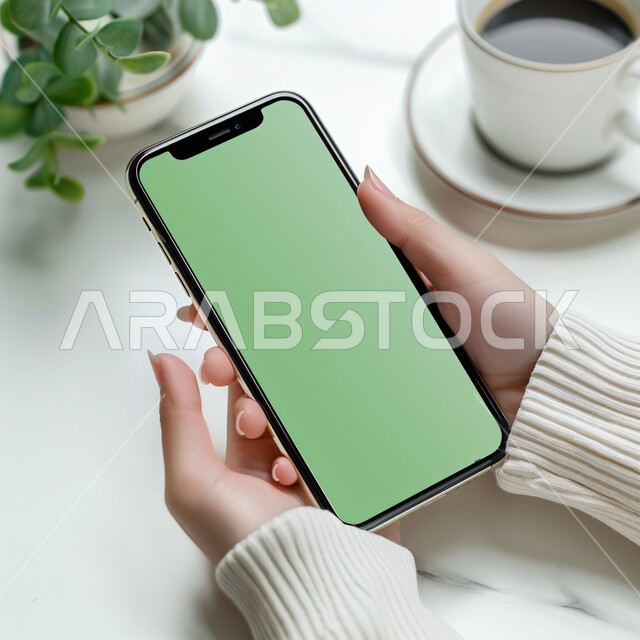 تطبيقات وخدمات الهاتف المحمول، التطور التقني و التقدم التكنولوجي، الأجهزة التقنية الحديثة والمتطورة، خلفية كوب قهوة ساخن ونبات الزينة، متابعة مواقع التواصل الاجتماعي، صورة مقربة ليد امرأة عربية خليجية سعودية تحمل موبايل بشاشة خضراء فارغة، كروما