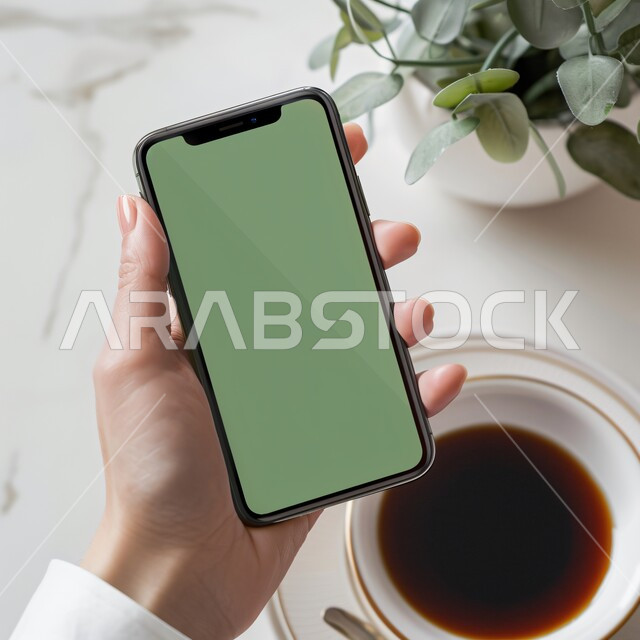 Technical development and technological progress, modern and advanced technical devices, background of a hot cup of coffee and an ornamental plant, following social networking sites, mobile phone applications and services, a close-up photo of the hand of a Saudi Gulf Arab woman holding a mobile phone with a blank green screen, chroma