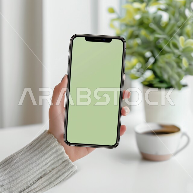 متابعة مواقع التواصل الاجتماعي، تطبيقات وخدمات الهاتف المحمول، التقدم التكنولوجي والتطور التقني، الأجهزة التقنية الحديثة والمتطورة، صورة مقربة ليد امرأة عربية خليجية سعودية تحمل موبايل بشاشة خضراء فارغة، خلفية كوب قهوة ساخن ونبات الزينة، كروما