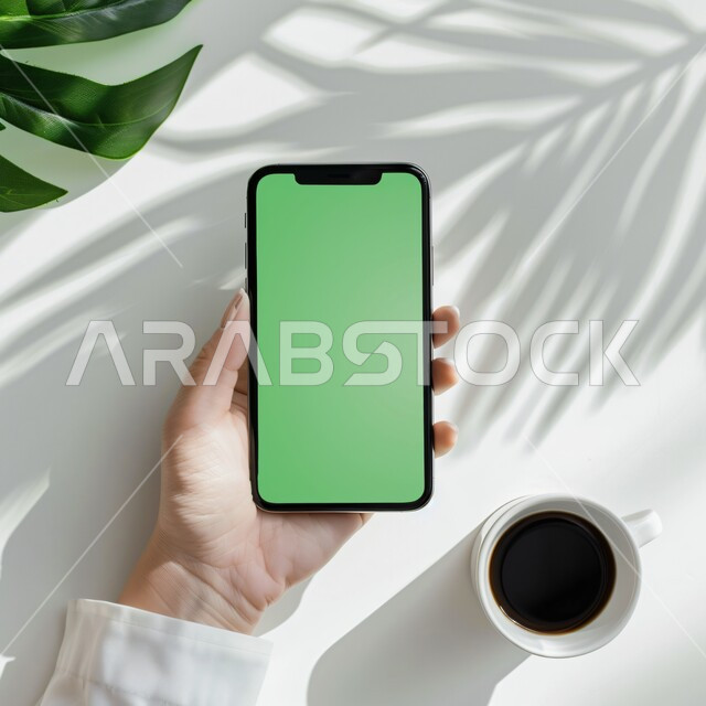 تصفح مواقع التواصل الاجتماعي، تطبيقات وخدمات الهاتف المحمول، التقدم التكنولوجي والتطور التقني، الأجهزة التقنية الحديثة والمتطورة، صورة مقربة ليد امرأة عربية خليجية سعودية تحمل موبايل بشاشة خضراء فارغة، خلفية كوب قهوة ساخن ونبات الزينة، كروما