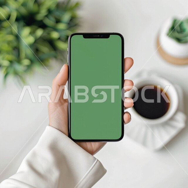 Mobile phone applications and services, technological progress and technical development, modern and advanced technical devices, a close-up image of the hand of a Saudi Arabian Gulf woman holding a mobile phone with a blank green screen, browsing social networking sites, the background of a hot cup of coffee and an ornamental plant, chroma