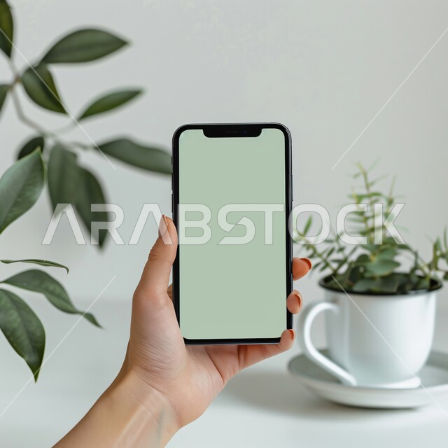 التقدم التكنولوجي والتطور التقني، الأجهزة التقنية الحديثة والمتطورة، صورة مقربة ليد امرأة عربية خليجية سعودية تحمل موبايل بشاشة خضراء فارغة، خدمات وتطبيقات الهاتف المحمول، تصفح مواقع التواصل الاجتماعي، خلفية كوب قهوة ساخن ونبات الزينة، كروما