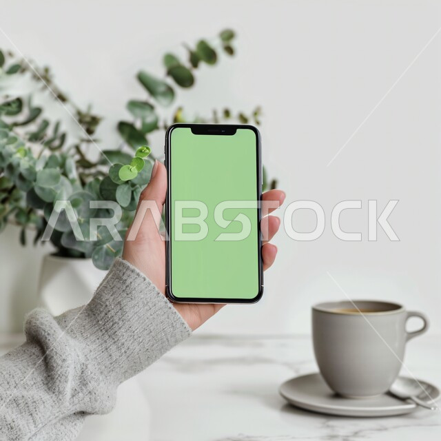 Technical development and technological progress, modern and advanced technical devices, a close-up of the hand of a Saudi Gulf Arab woman holding a mobile phone with a blank green screen, mobile phone services and applications, browsing social networking sites, the background of a hot cup of coffee and an ornamental plant, chroma