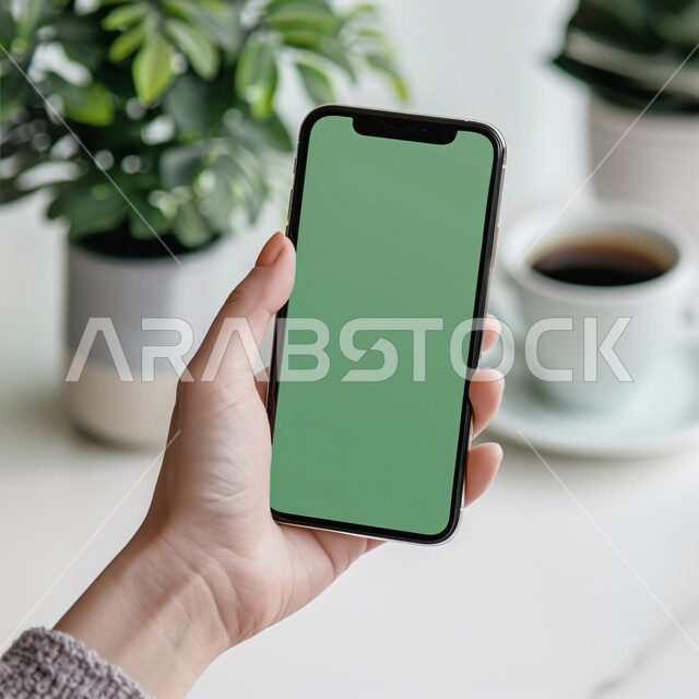 الأجهزة التقنية الحديثة والمتطورة، التطور التقني والتقدم التكنولوجي، صورة مقربة ليد امرأة عربية خليجية سعودية تحمل موبايل بشاشة خضراء فارغة، خدمات وتطبيقات الهاتف المحمول، تصفح مواقع التواصل الاجتماعي، خلفية كوب قهوة ساخن ونبات الزينة، كروما