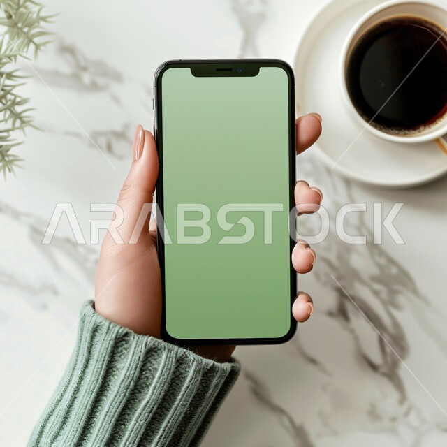 Keeping up with technical development and technological progress, modern and advanced technical devices, browsing social networking sites, mobile phone services and applications, a close-up photo of the hand of a Saudi Arabian Gulf woman holding a mobile phone with a blank green screen, the background of a cup of hot coffee, chroma
