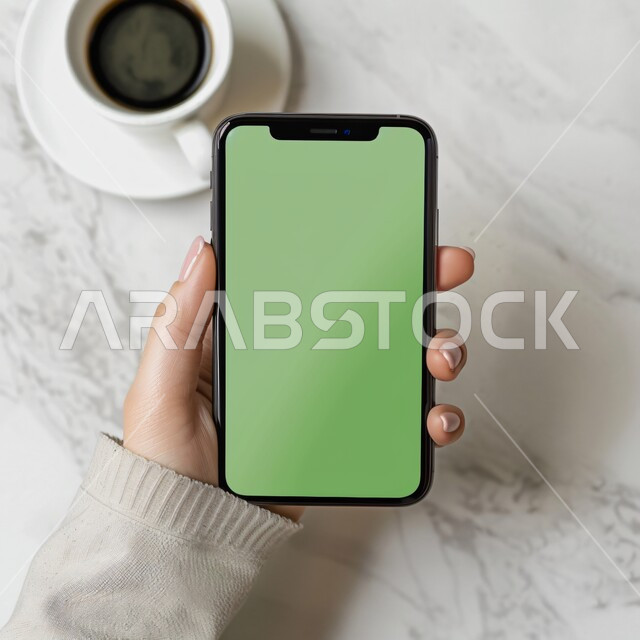 Modern and advanced technical devices, browsing social networking sites, mobile phone services and applications, technical development and technological progress, a close-up photo of the hand of a Saudi Arabian Gulf woman holding a mobile phone with a blank green screen, the background of a cup of hot coffee, chroma