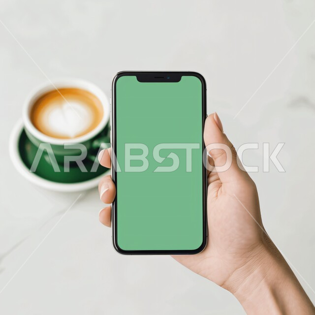 كوب من القهوة الساخنة، تصفح مواقع التواصل الاجتماعي، خدمات وتطبيقات الهاتف المحمول، التطور التقني و التقدم التكنولوجي، الأجهزة التقنية الحديثة والمتطورة، صورة مقربة ليد امرأة عربية خليجية سعودية تحمل موبايل بشاشة خضراء فارغة، كروما