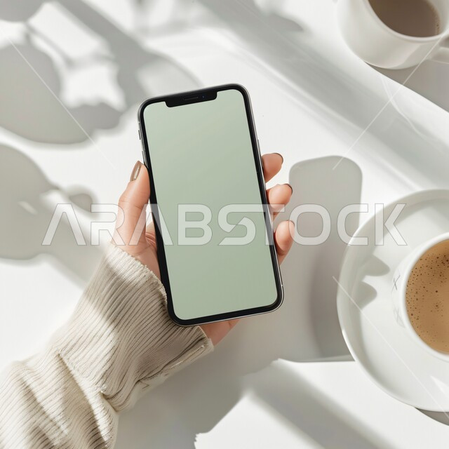 خلفية كوب قهوة ساخن، تصفح مواقع التواصل الاجتماعي، خدمات وتطبيقات الهاتف المحمول، التطور التقني و التقدم التكنولوجي، الأجهزة التقنية الحديثة والمتطورة، صورة مقربة ليد امرأة عربية خليجية سعودية تحمل موبايل بشاشة خضراء فارغة، كروما