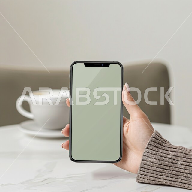 تصفح مواقع التواصل الاجتماعي، خدمات وتطبيقات الهاتف المحمول، التطور التقني و التقدم التكنولوجي، الأجهزة التقنية الحديثة والمتطورة، خلفية كوب قهوة ساخن، صورة مقربة ليد امرأة عربية خليجية سعودية تحمل موبايل بشاشة خضراء فارغة، كروما