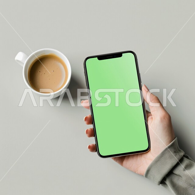 Following social networking sites, mobile phone services and applications, technical development and technological progress, modern and advanced technical devices, the background of a hot cup of coffee, a close-up photo of the hand of a Saudi Gulf Arab woman holding a mobile phone with a blank green screen, chroma