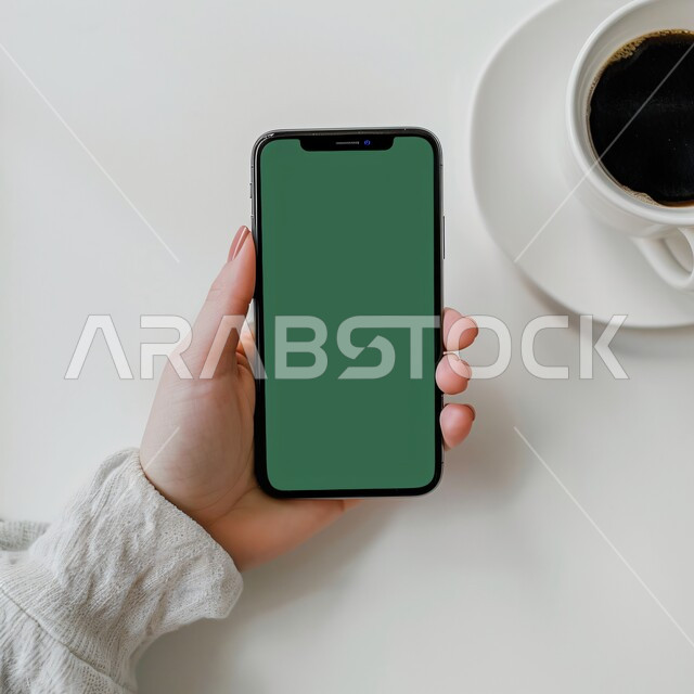 Mobile phone services and applications, technical development and technological progress, modern and advanced technical devices, the background of a hot cup of coffee, following social networking sites, a close-up photo of the hand of a Saudi Gulf Arab woman holding a mobile phone with a blank green screen, chroma