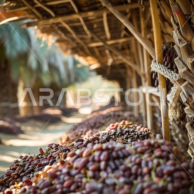 الصناديق المليئة بأنواع من التمور، مجموعة من ثمار النخيل بإحدى مزارع بالمملكة العربية، تجفيف البلح عن طريق أشعة الشمس في الهواء الطلق، موسم الحصاد في السعودية، جودة المحاصيل والمنتجات الوطنية المحلية