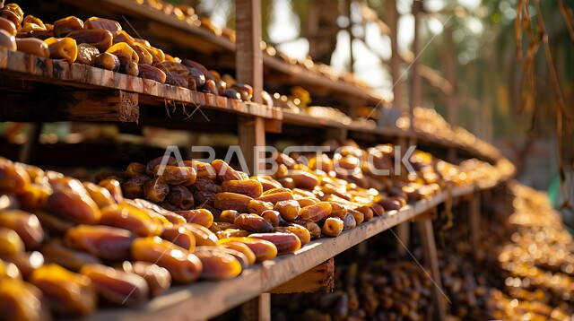 تجفيف البلح عن طريق أشعة الشمس في الهواء الطلق، موسم الحصاد في السعودية، الصناديق المليئة بأنواع من التمور، مجموعة من ثمار النخيل بإحدى الأسواق بالمملكة العربية، جودة المحاصيل والمنتجات الوطنية المحلية