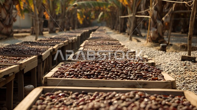 موسم الحصاد في السعودية، الصناديق المليئة بأنواع من التمور، مجموعة من ثمار النخيل بإحدى الأسواق بالمملكة العربية، تجفيف البلح عن طريق أشعة الشمس في الهواء الطلق، جودة المحاصيل والمنتجات الوطنية المحلية