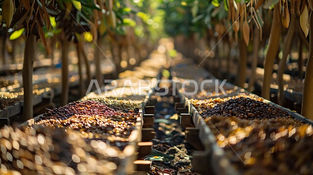 الصناديق المليئة بأنواع من التمور، مجموعة من ثمار النخيل بإحدى الأسواق بالمملكة العربية، تجفيف البلح عن طريق أشعة الشمس في الهواء الطلق، جودة المحاصيل والمنتجات الوطنية المحلية، موسم الحصاد في السعودية 