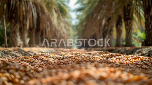 تجفيف التمور عن طريق أشعة الشمس في الهواء الطلق، جودة المحاصيل والمنتجات الوطنية المحلية، موسم حصاد البلح في السعودية، مجموعة من ثمار النخيل بإحدى الأسواق بالمملكة العربية