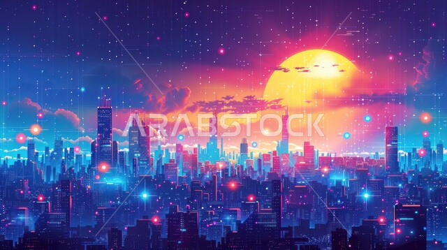 An imaginative future view of urban progress and growth, modern architectural arts and engineering designs for skyscrapers in the Kingdom, towers, buildings and illuminated commercial facilities, a Saudi future vision 2030, the concept of developing and improving infrastructure.