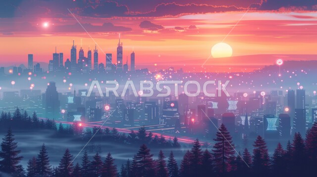 منظر تخيلي مستقبلي للتقدم و النمو العمراني ,الفنون و التصاميم الهندسية المعمارية الحديثة لناطحات السحاب في المملكة، الأبراج والمباني والمنشآت التجارية المضيئة، رؤية مستقبلية سعودية 2030، مفهوم تطوير وتحسين البنية التحتية