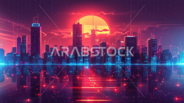 منظر تخيلي مستقبلي للتقدم و النمو العمراني ,الفنون و التصاميم الهندسية المعمارية الحديثة لناطحات السحاب في المملكة، الأبراج والمباني والمنشآت التجارية المضيئة، رؤية مستقبلية سعودية 2030، مفهوم تطوير وتحسين البنية التحتية