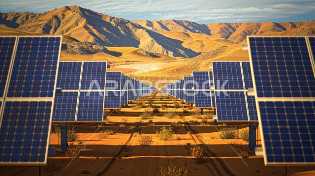 مفهوم انتاج الطاقة البديلة الصديقة للبيئة في المملكة العربية السعودية, محطات الطاقات الشمسية المتجددة, الرمال الذهبية الناعمة, صورة  ألواح الطاقة الكهروضوئية وسط المناطق الصحراوية في النهار