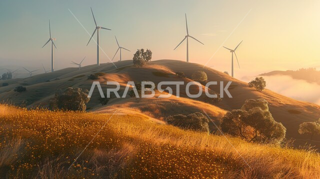 The concept of using environmentally friendly renewable energies, sustainable development with alternative energy in the Kingdom of Saudi Arabia, wind turbine fields and windmills high in the green mountains.