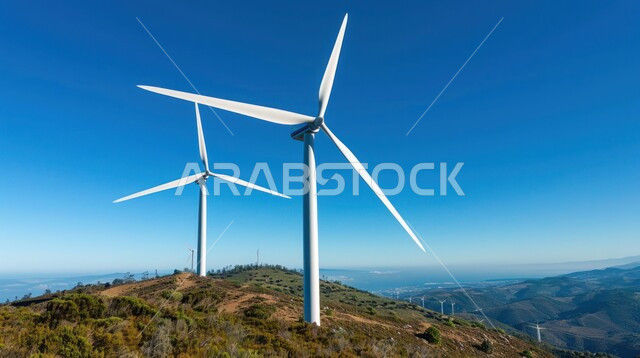 The concept of using environmentally friendly renewable energies, sustainable development with alternative energy in the Kingdom of Saudi Arabia, wind turbine fields and windmills high in the green mountains.