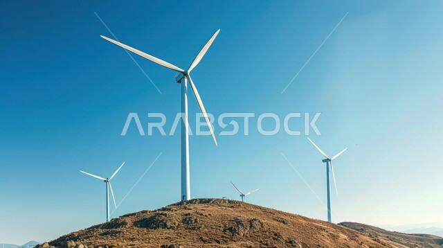 The concept of using environmentally friendly renewable energies, sustainable development with alternative energy in the Kingdom of Saudi Arabia, wind turbine fields and windmills high in the green mountains.